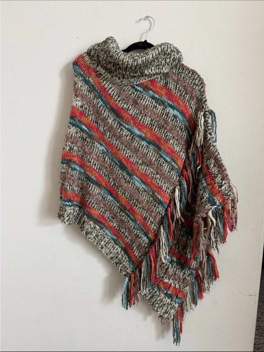 Anthropologie poncho chunky knit striped fringe boho lagenlook Sweater One Size
